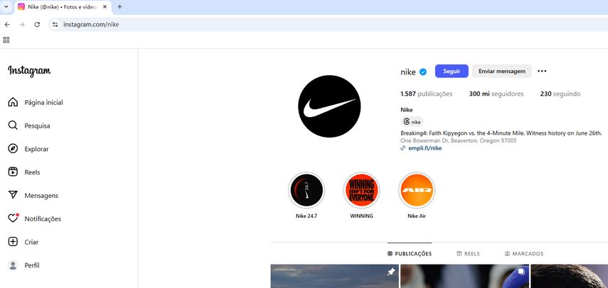 Tela de navegador mostrando acesso direto ao perfil do Instagram