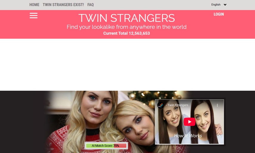 Interface da plataforma Twin Strangers para encontrar gêmeos perdidos
