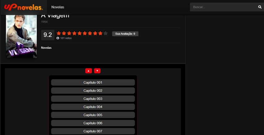 Plataforma upnovelas com resultados de busca para a novela A Viagem completa