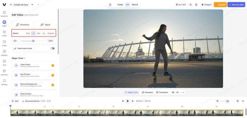 Editor VEED.io mostrando controles de câmera lenta