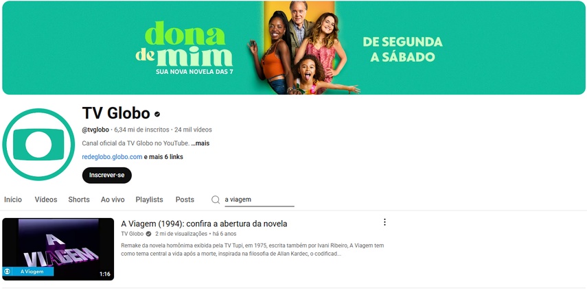 Canal do YouTube com episódios da novela A Viagem completa disponíveis gratuitamente