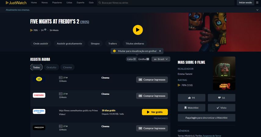 Onde posso assistir ao filme Five Nights at Freddy's 2?