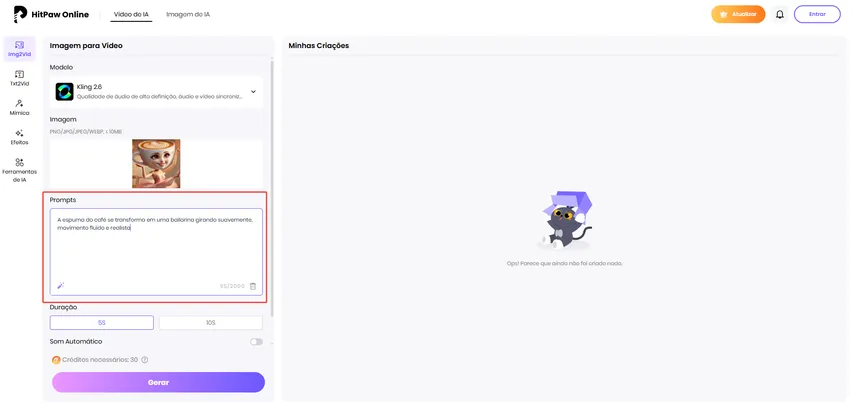 Campo de prompt no HitPaw Online onde se escreve o comando de movimento para a bailarina capuccino