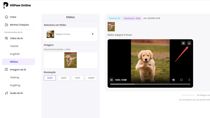 Veja o efeito de vídeo gerado e faça o download.