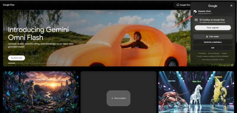 Interface do Google Flow para gerar imagens com Nano Banana