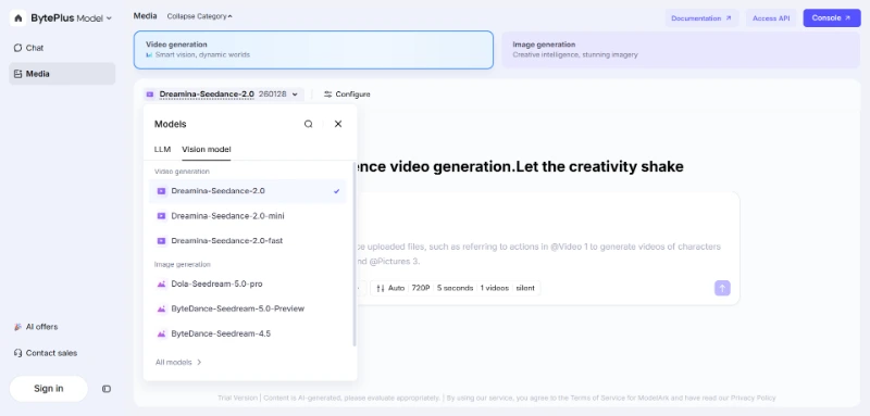 Interface do Seedance 2.0 para converter imagem em vídeo