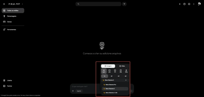 Configuração do modo de geração de imagem no Google Flow