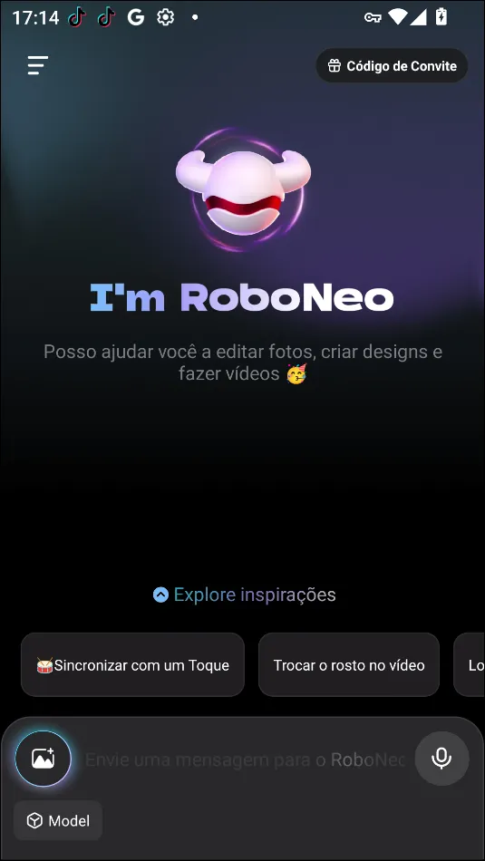Interface principal do RoboNeo AI com campo de digitação de comandos em português