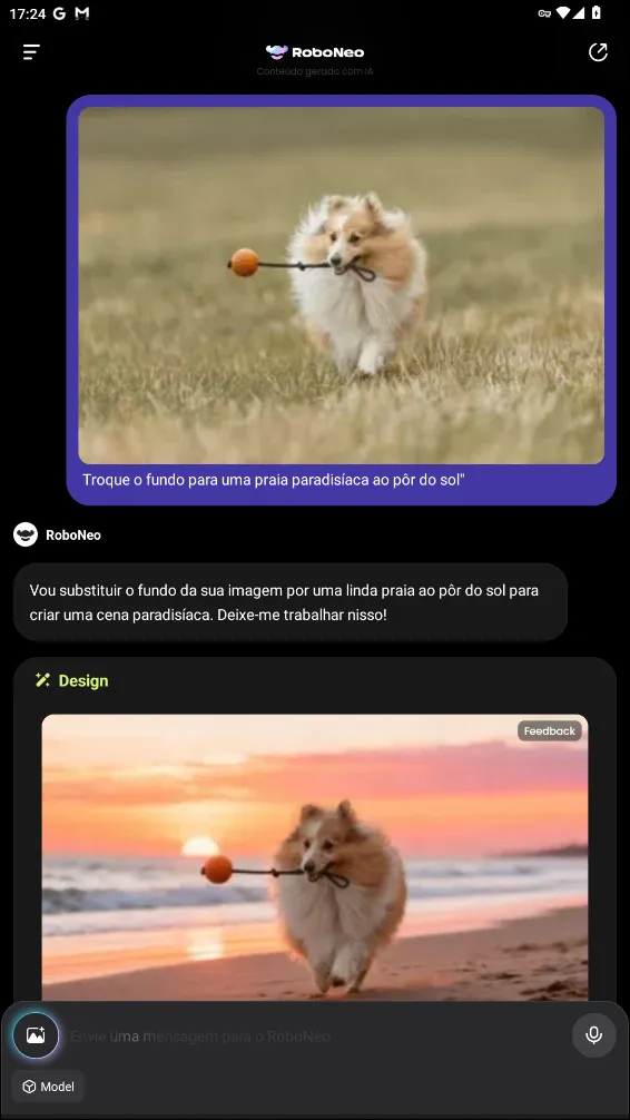 Comparação antes e depois de edição de foto de produto com RoboNeo AI, mostrando troca de fundo automática