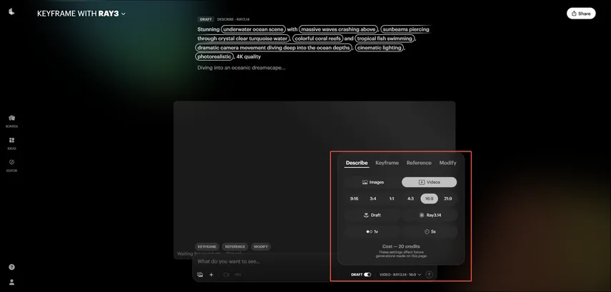 Configurações de vídeo no Luma AI modelo Ray3 proporção