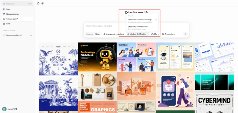 Escolha o Seedance 2.0 e insira um prompt para gerar vídeos com IA