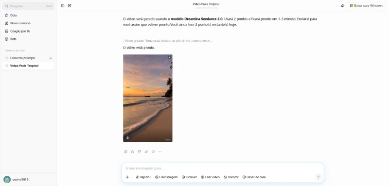 Gere e baixe vídeos criados com Seedance 2.0 no Dola AI