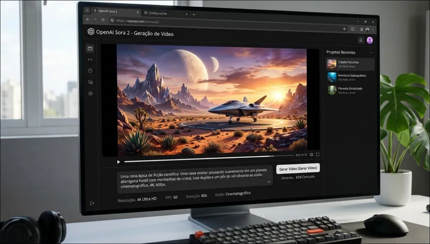 Interface do OpenAI Sora 2 mostrando geração de vídeo cinematográfico a partir de texto
