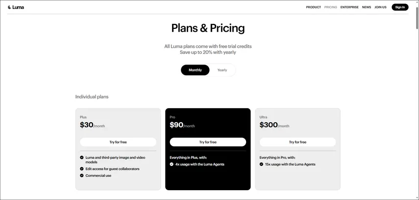 Planos e preços do Luma AI com assinatura mensal