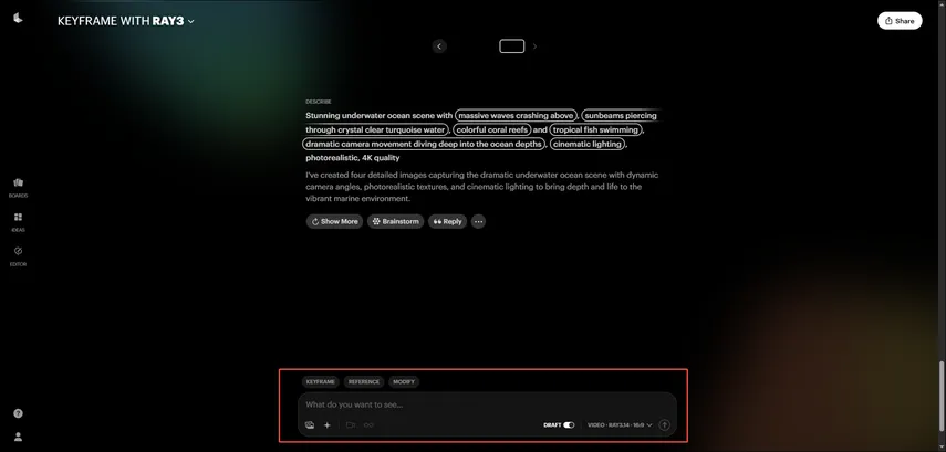 Interface de prompt de comando de texto no Luma Dream Machine
