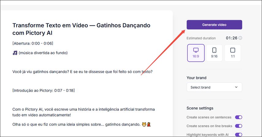 exportando scripts e gerando video no Pictory AI