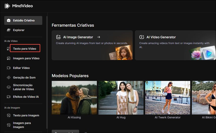 Menu Texto para Vídeo no MindVideo