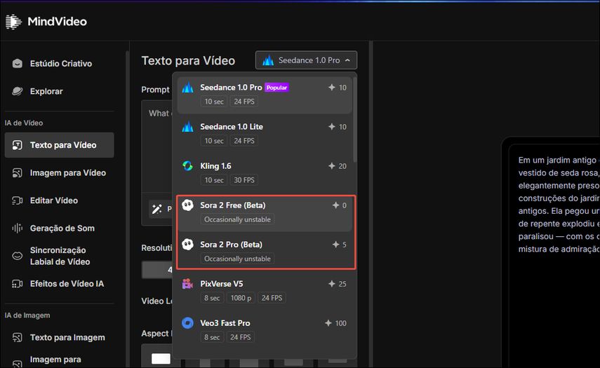 Seleção do modelo Sora 2 Free no MindVideo