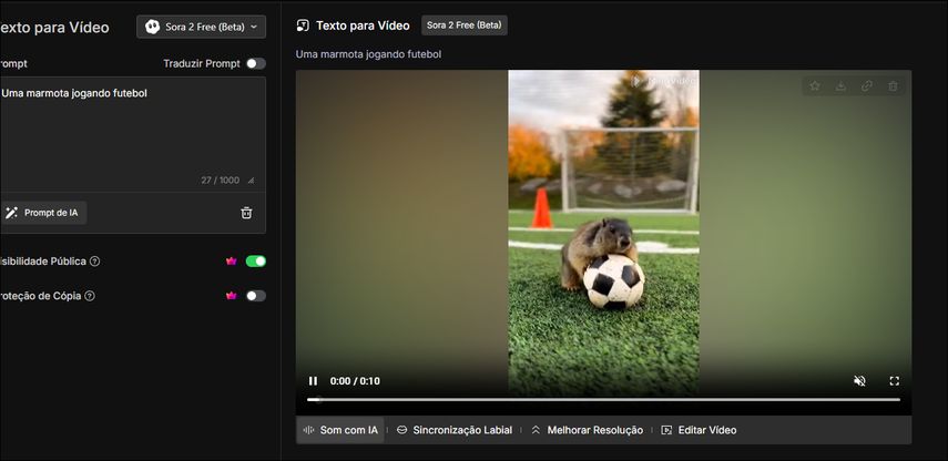Campo de prompt e botão criar no MindVideo