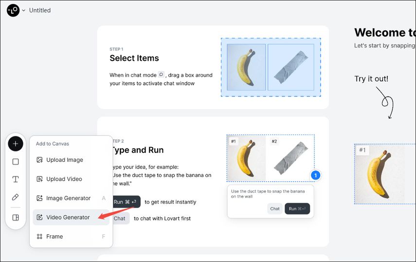 Menu lateral da Lovart com opção Video Generator