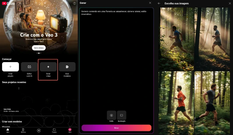 Passo 2 — Gerar quatro imagens com IA no YouTube Create usando prompt de texto com o Imagen 3