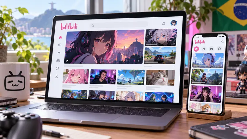 Notebook e celular exibindo o Bilibili em um ambiente de criação de conteúdo no Brasil.