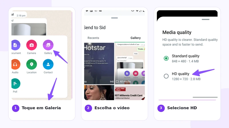 Passos para selecionar um vídeo e enviá-lo em HD no WhatsApp para Android