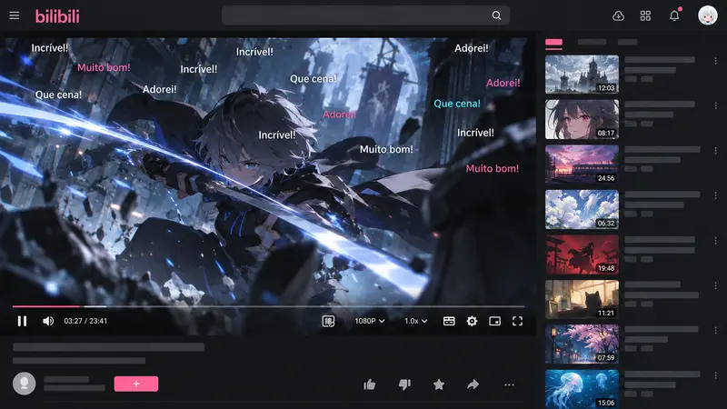Interface de reprodução do Bilibili com comentários danmu em português sobre um vídeo de animação.