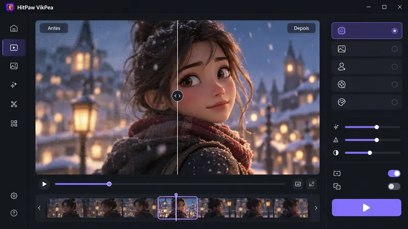 Interface do HitPaw VikPea comparando um vídeo de animação antes e depois do aprimoramento por IA.