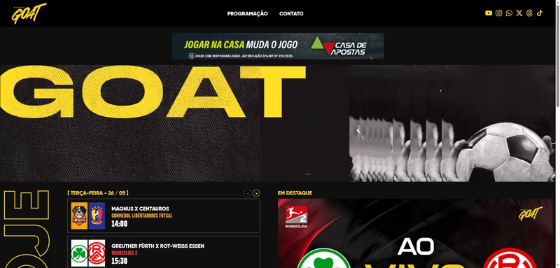 Canal GOAT para assistir futebol online grátis em 2026