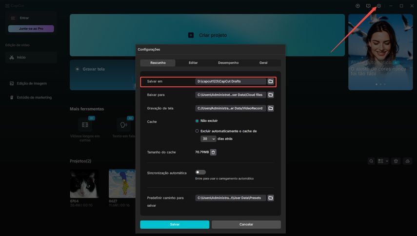 configurar as definições do projeto do capcut