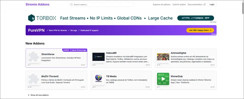 Interface do Stremio exibindo a seção de extensões e addons instalados