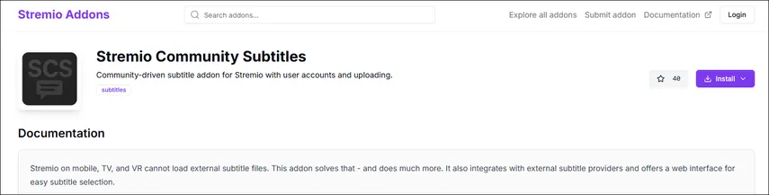 Addon Stremio Community Subtitles para busca de legendas em português