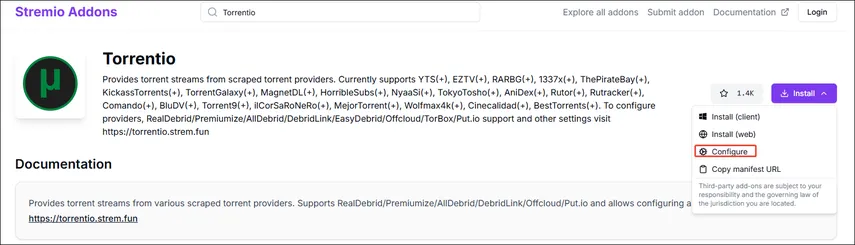 Site oficial do configurador do Torrentio acessado via navegador