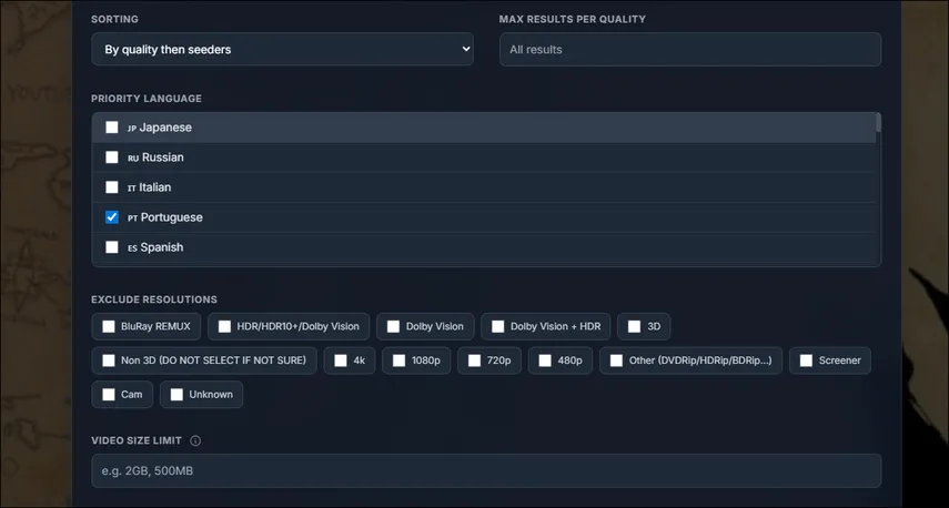 Painel de ajustes do Torrentio com filtros de qualidade 4K e idioma português