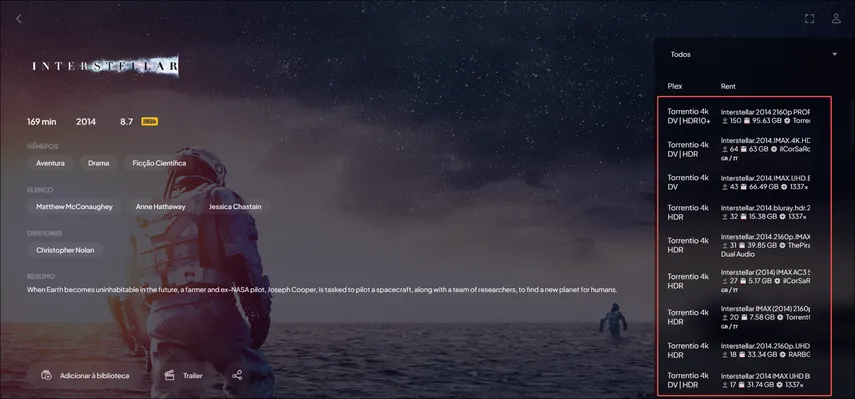 Lista de links de streaming do Torrentio aparecendo no player do Stremio