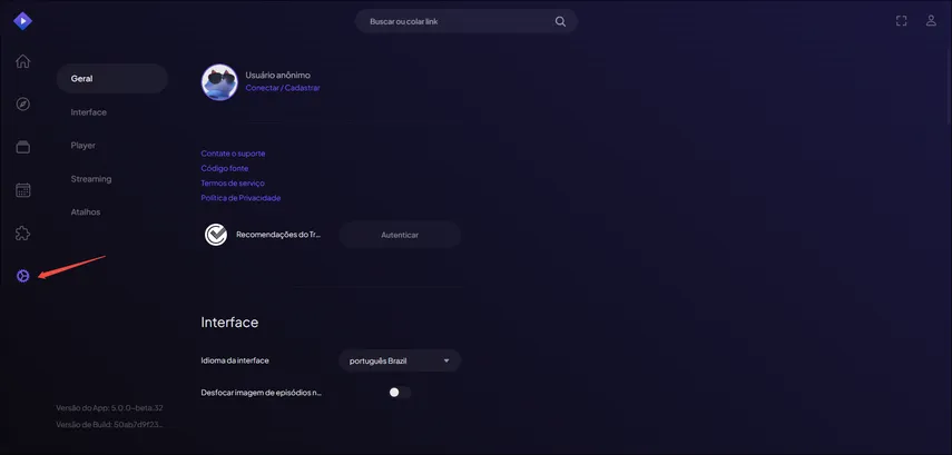 Ícone de engrenagem para acessar as configurações do aplicativo Stremio