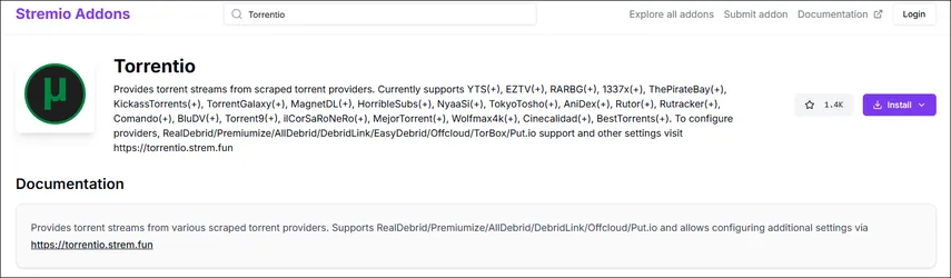 Logotipo e interface do addon Torrentio, o mais popular para Stremio