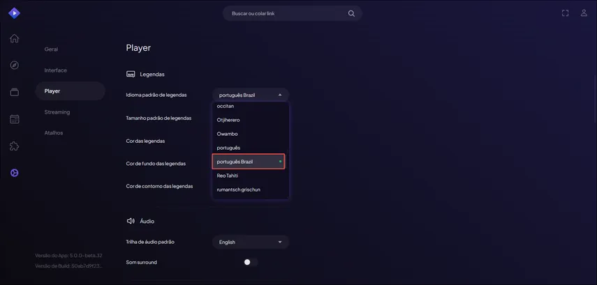 Selecionando Portuguese ou Portuguese Brazil na lista de idiomas de legenda