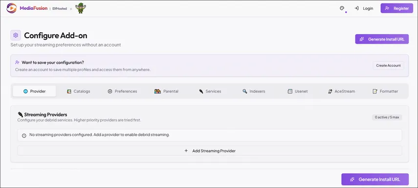 Addon MediaFusion exibindo catálogo de filmes e canais de TV ao vivo