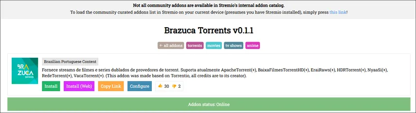 Addon Brazuca Torrents com foco em conteúdos dublados em português