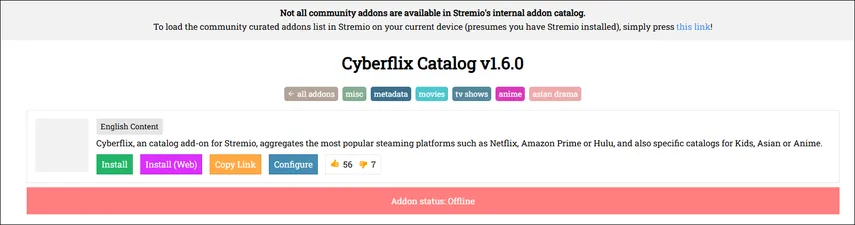 Catálogo do Cyberflix no Stremio organizando títulos da Netflix e Disney Plus