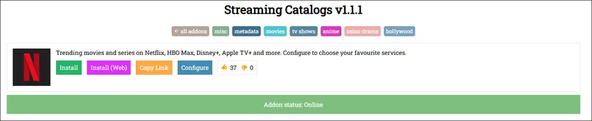 Interface do addon Streaming Catalogs com filmes em alta em diversas plataformas