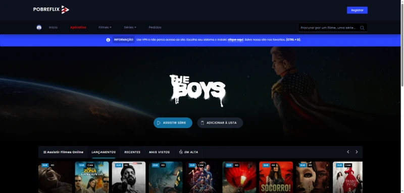 Interface do site Pobreflix para assistir filmes e séries grátis