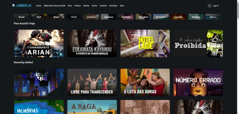 Interface do LibreFlix com filmes independentes, documentários e produções alternativas
