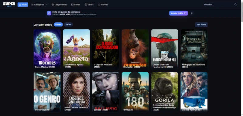 Interface do site Superflix para assistir filmes online em HD