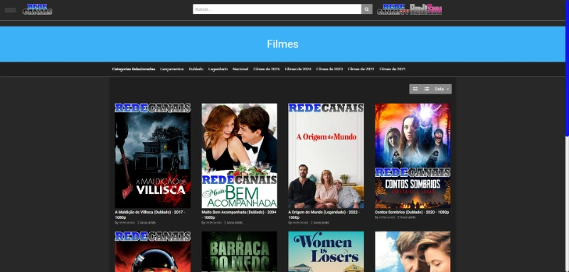 Interface do site Rede Canais com filmes, séries e canais de TV ao vivo