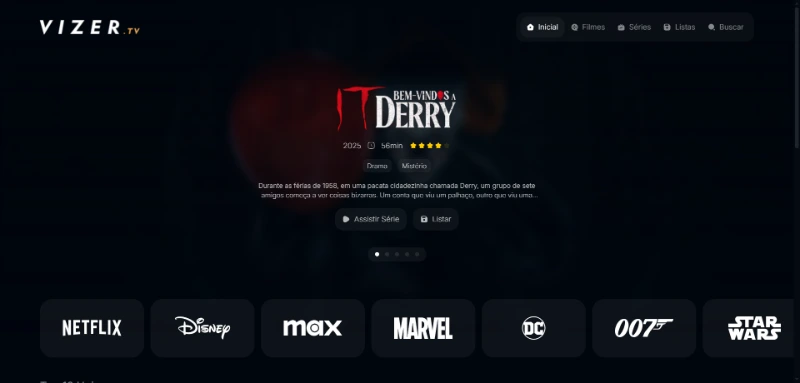 Interface do site Vizer TV com catálogo organizado de filmes e séries