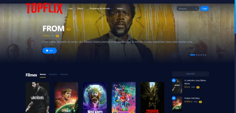 Interface do site TopFlix para assistir filmes e séries grátis