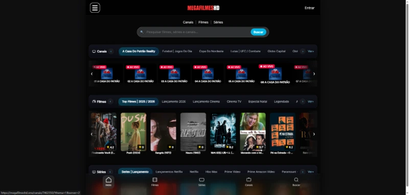 Interface do site Mega Filmes HD para streaming gratuito no Brasil